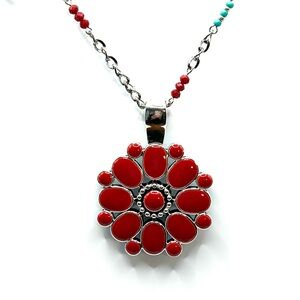 Premier Designs Reversible Red/Turquoise Floral Necklace